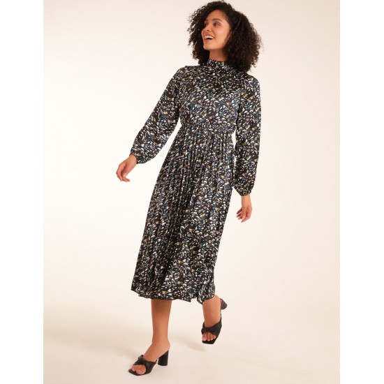 Abstract Animal Print High Neck Blouson Midi Dress