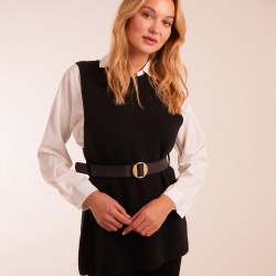 Rib Knit Vest With Blouse With Belt